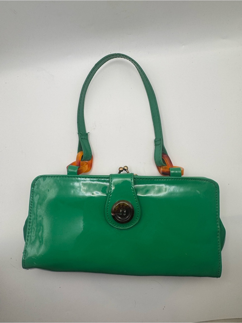 Vintage y2k mini Green Patent Shoulder Bag with Tortoiseshell Accent